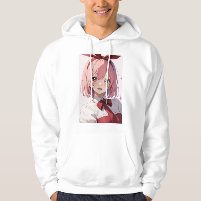 Moletom Ilustração de Garota de Anime Fofo com Cabelo Rosa (Frente)