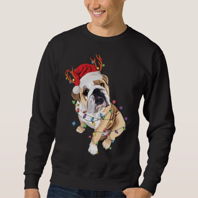 Moletom Inglês Buldogue Santa Hat Reindeer natal Light (Frente)