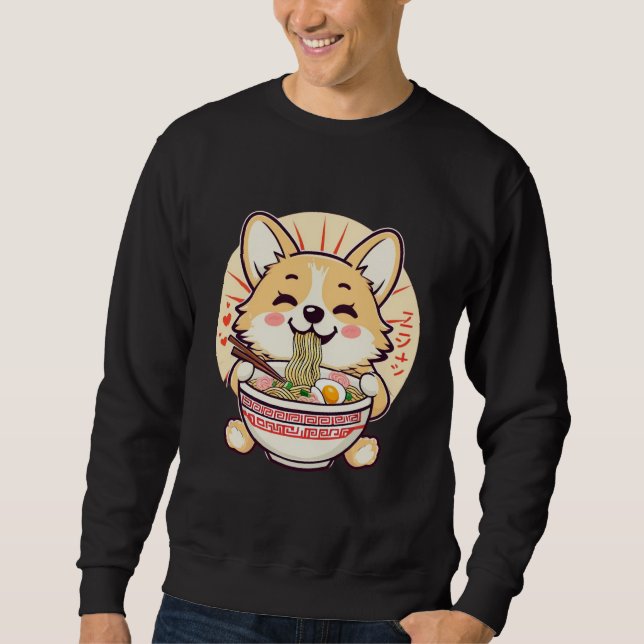 Moletom Kawaii Corgi Eating Ramen - Comida de Cachorro de  (Frente)