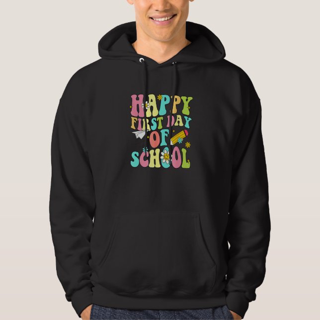 Moletom Kids Retro Groovy Happy First Day Of School Teache (Frente)