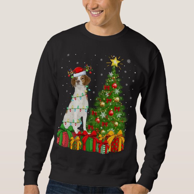 Moletom Lighting Xmas Tree Santa Hat Brittany Spaniel Dog (Frente)