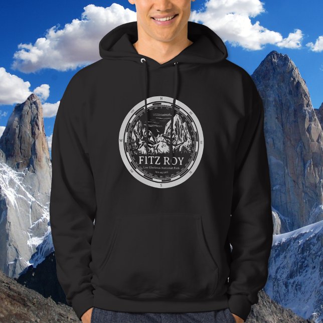 Moletom Monte Fitz Roy - Cerro Chaltén América do Sul (Mount Fitz Roy Hoodie in Back with a white compass and mountain illustration)