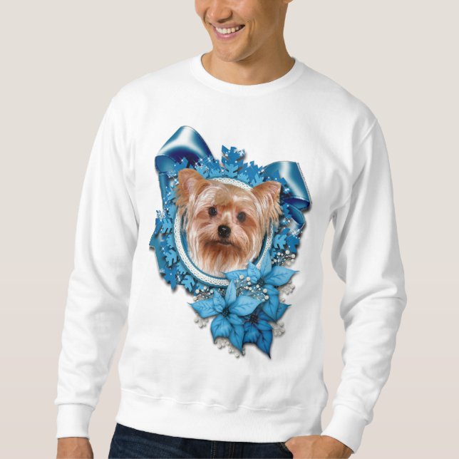 Moletom Natal - flocos de neve azuis - yorkshire terrier (Frente)