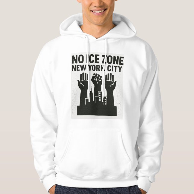 Moletom No ICE Zone Hoodie – Raised Fists Over NYC Skyline (Frente)