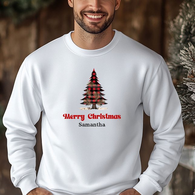 Moletom Nome Personalizado Árvore de Natal Xadrez Búfalo A (Merry Custom Name Buffalo Plaid Tree Holiday Hoodie)