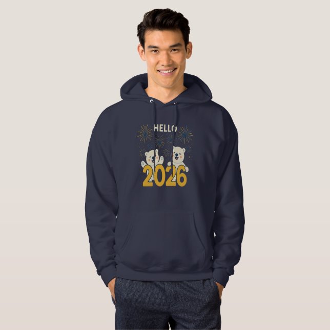 Moletom Olá 2026 Urso Polar Férias Presente Capuz Unisex (Frente Completa)
