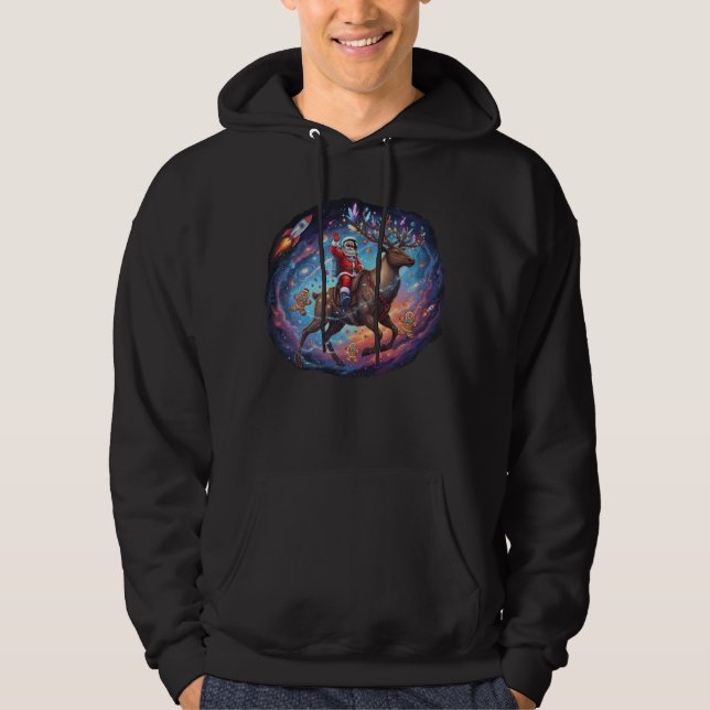 Moletom Papai Noel Astronauta Montando Rena Voadora Espaço (Frente)