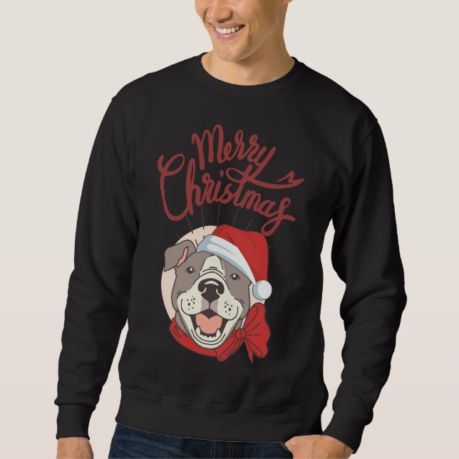 Moletom Pitbull Bonito Com Fita Vermelha E Feliz Santa Hat (Frente)
