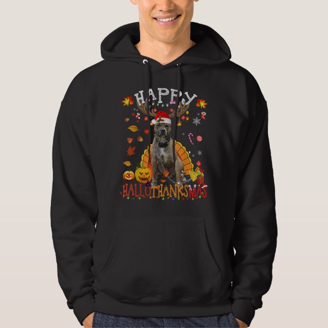 Moletom Pitbull Dog Feliz Hallothanksmas Halloween Obrigad (Frente)