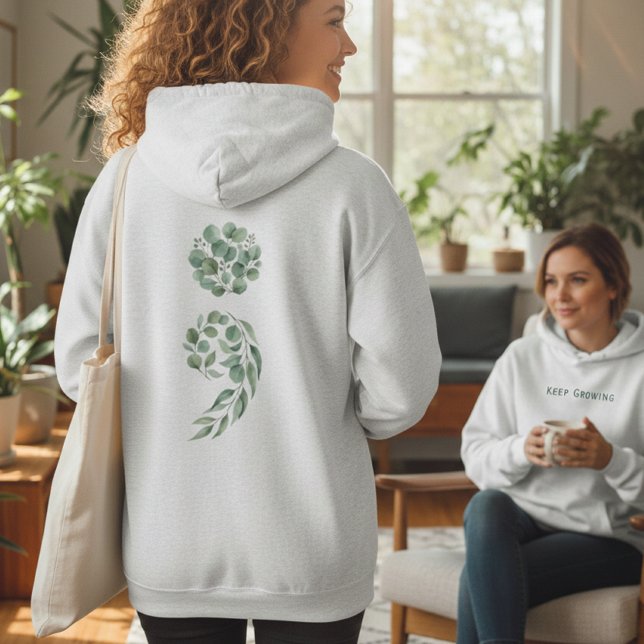 Moletom Ponto e Vírgula Botânico Personalizado Verde Saúde (custom_botanical_semicolon_green_mental_health_shirt_hoodie)