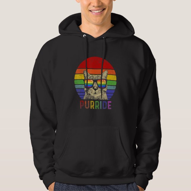 Moletom Pride Cat Purride Gay LGBTQ Rainbow Flag Retro Sty (Frente)