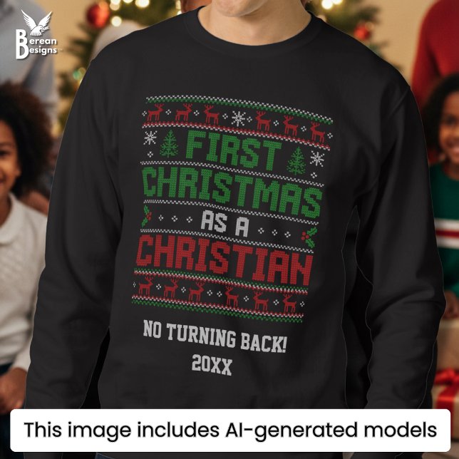 Moletom PRIMEIRO NATAL COMO CRISTÃO Natal Feio (Fun FIRST CHRISTMAS AS A CHRISTIAN sweatshirt in Nordic-inspired knitwear style. Ideal ugly jumper.)