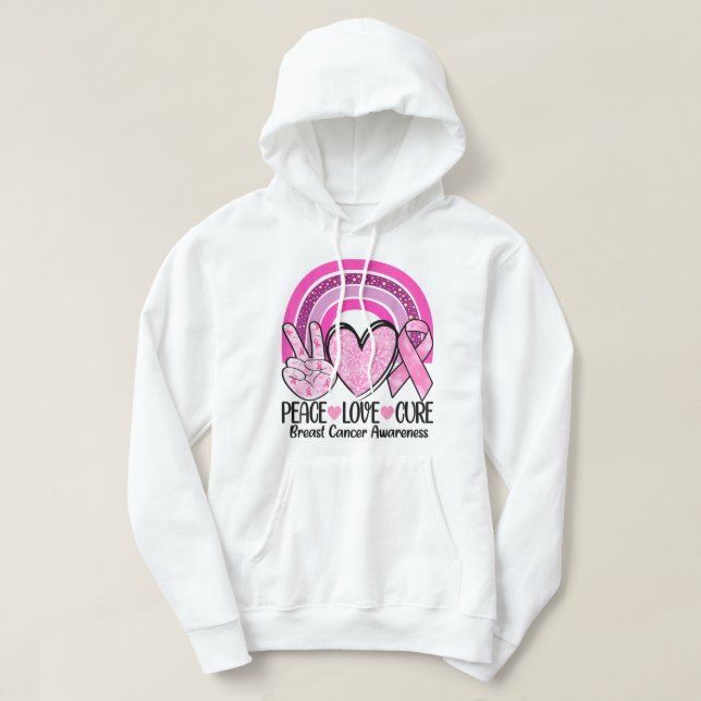 Moletom Rainbow Peace Love Cure Pink Ribbon Bree Cancer (Frente do Design)