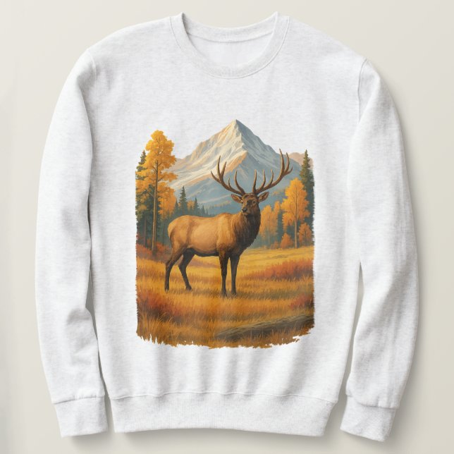 Moletom Retro Elk | Cena de Caça de Outono Vintage 90s Cre (Frente do Design)