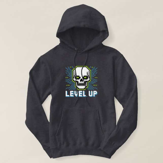 Moletom Retro Pixel Level Up Gamer Skull Hoodie (Frente do Design)