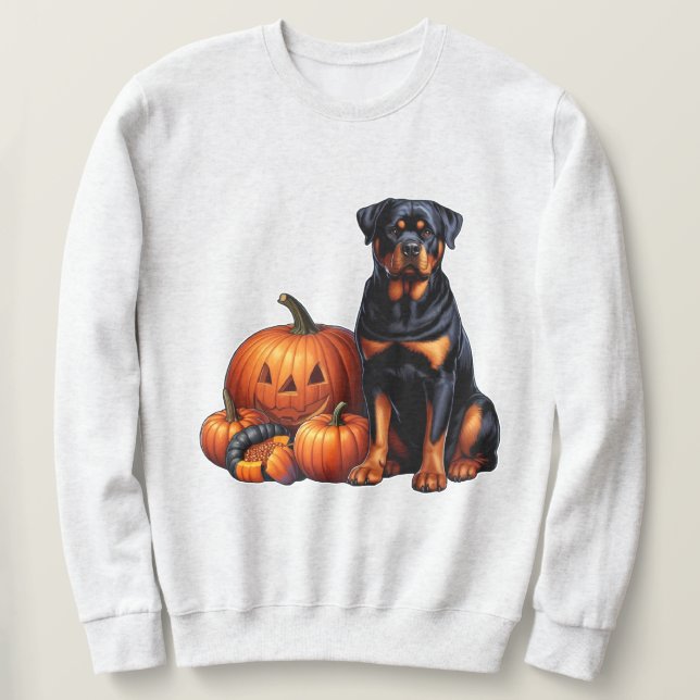 Moletom Rottweiler Cachorro sentado no Halloween Pumpkins (Frente do Design)