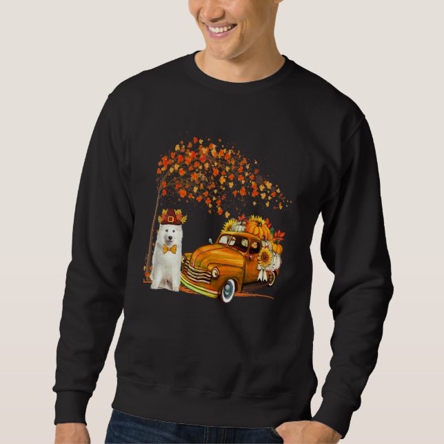 Moletom Samoyed Usando Chapéu Outono Árvore Caminhonete Ca (Frente)