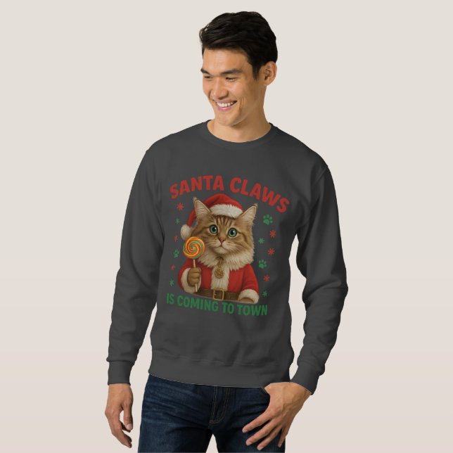 Moletom Santa Claws is Coming to Town Cat T-Shirt (Frente Completa)