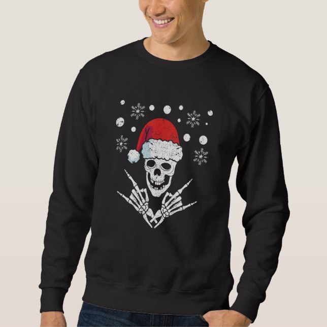 Moletom Skeleton Santa Claus Hat Rock And Roll Hand Cool C (Frente)