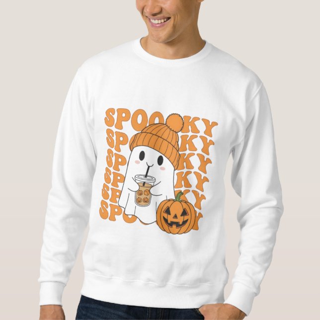 Moletom  Spooky Ghost with Pumpkin Drink Halloween Tee (Frente)