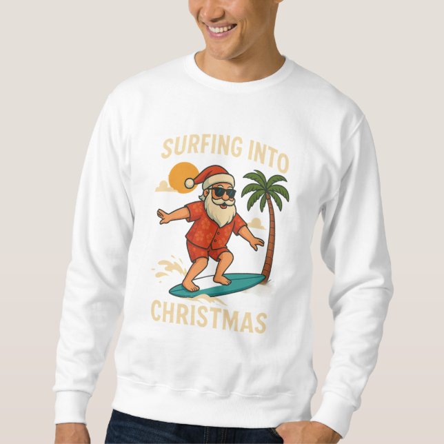 Moletom Surfing Into Christmas | Tropical Santa Beach T-Sh (Frente)