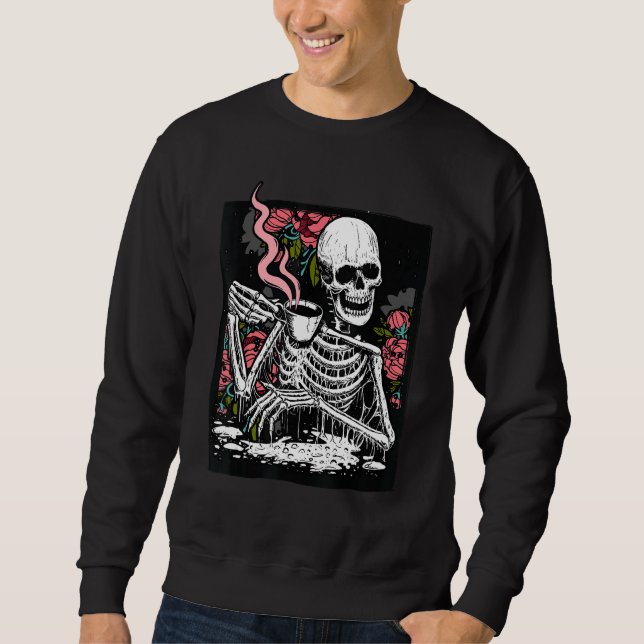 Moletom Traje de Halloween Floral de Esqueleto Bebendo Caf (Frente)