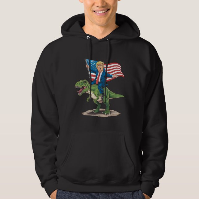 Moletom Trump Riding Dinosaur T Rex USA Flag Americano (Frente)