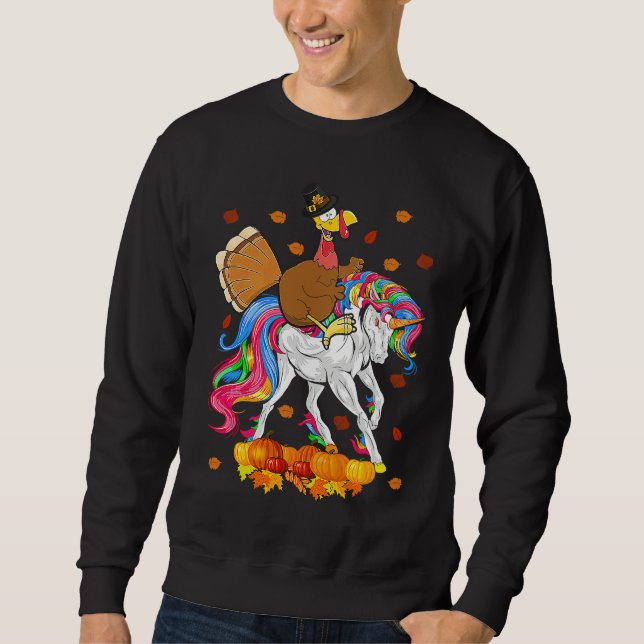 Moletom Turkey Riding Unicorn Cute Thanksgiving Turkey Uni (Frente)