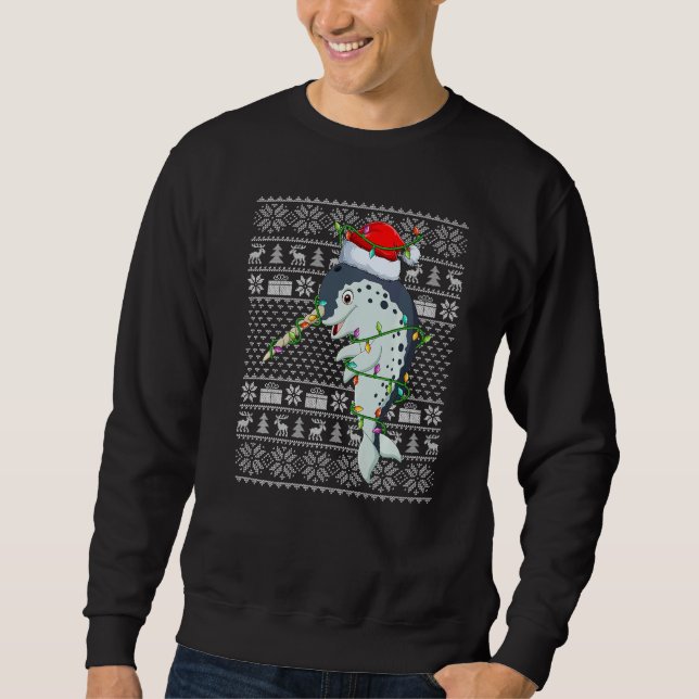 Moletom Ugly Sweater Style Xmas Lights Santa Narwhal Chris (Frente)