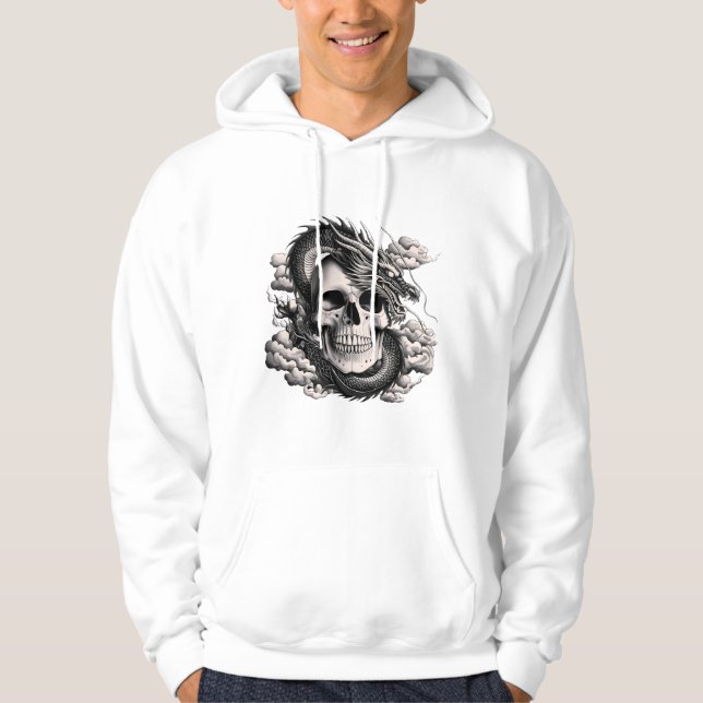 Moletom Uma caveira com um dragão chinês em preto e branco (Frente)