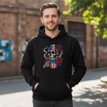 Us Flag Skull and Roses Coffee Hoodie Design