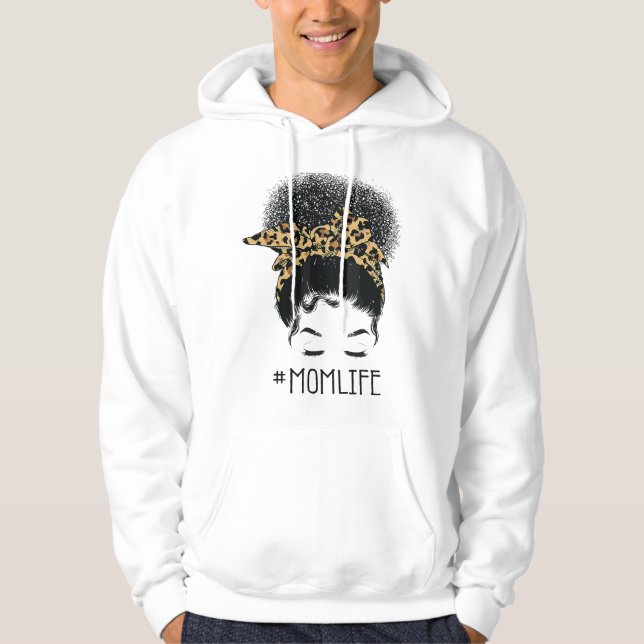 Moletom Vida de Mãe Afro Cabelo Desarrumado em Coque Leopa (Frente)