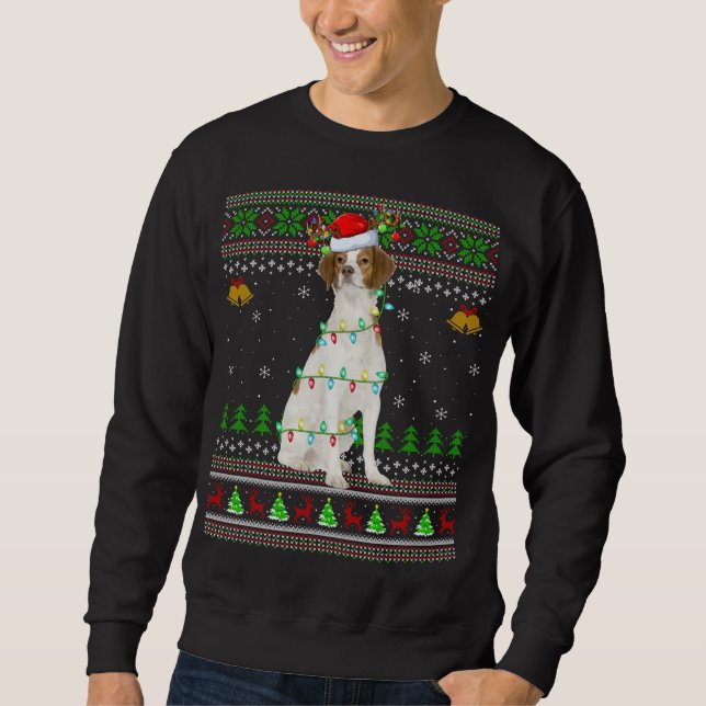 Moletom Xmas Reindeer Santa Hat Brittany Spaniel Dog Ugly (Frente)