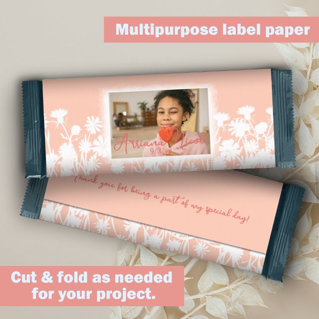 Molhador de Bar de doce personalizado do Peach Whi (Peach, white botanical wild flowers bat mitzvah candy bar wrapper, diy budget low cost alternative)