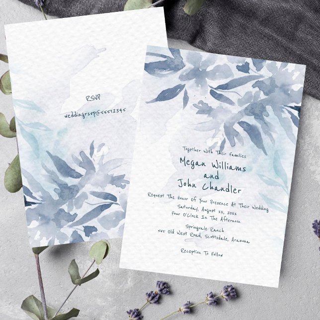 Molho Azul, Cor de Água Deixa Convite De Casamento (Soft Blue Watercolor Leaves Wedding Invitation)