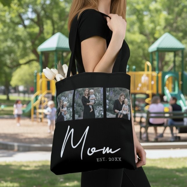 Mom Established Black Modern Script Photo Tote Bag (Criador carregado)