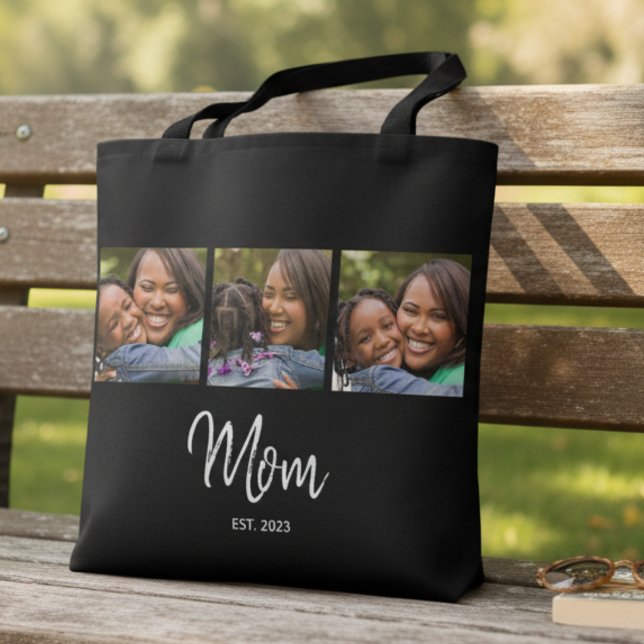 Mom Established Script Black 3 Photo Tote Bag (Criador carregado)