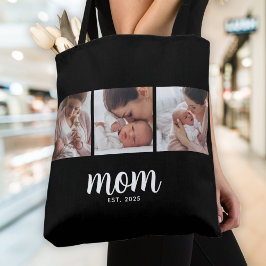 Mom Established Script Black 3 Photo Tote Bag