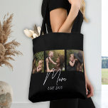 Mom Established Script Black 3 Photo Tote Bag<br><div class="desc">Black White Mom Established Script 3 Photo Design. Replace the photos with your own of your kids and change the years to the years you became a mom.</div>