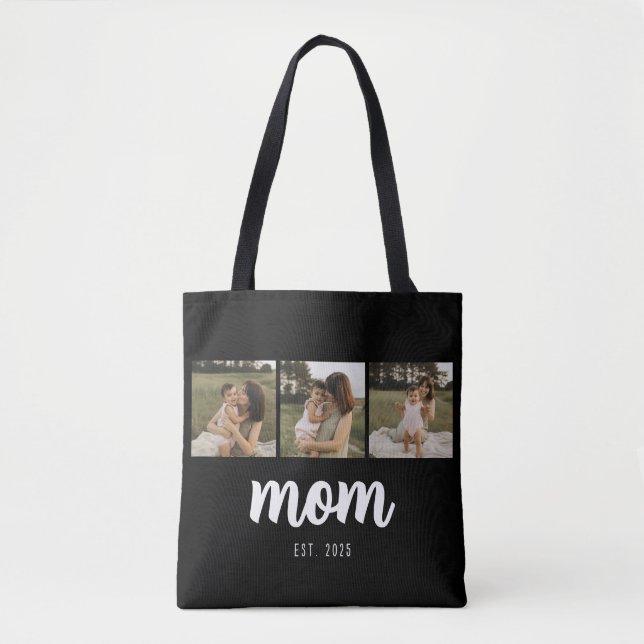 Mom Established Script Black 3 Photos Tote Bag (Frente)