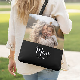 Mom Established Script Black Photo Tote Bag