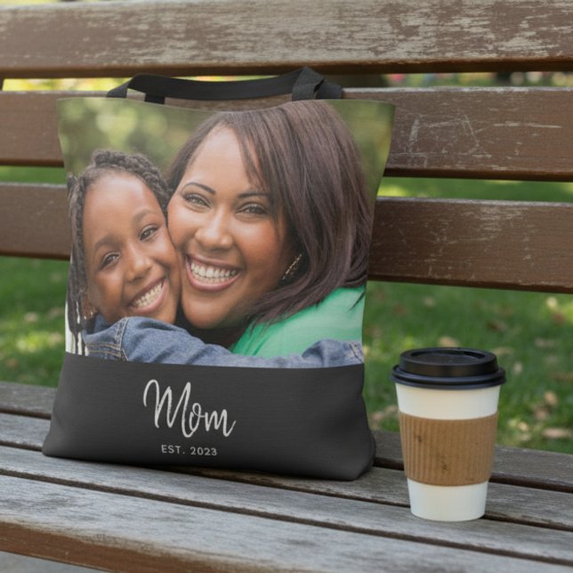 Mom Established Script Black Photo Tote Bag (Criador carregado)