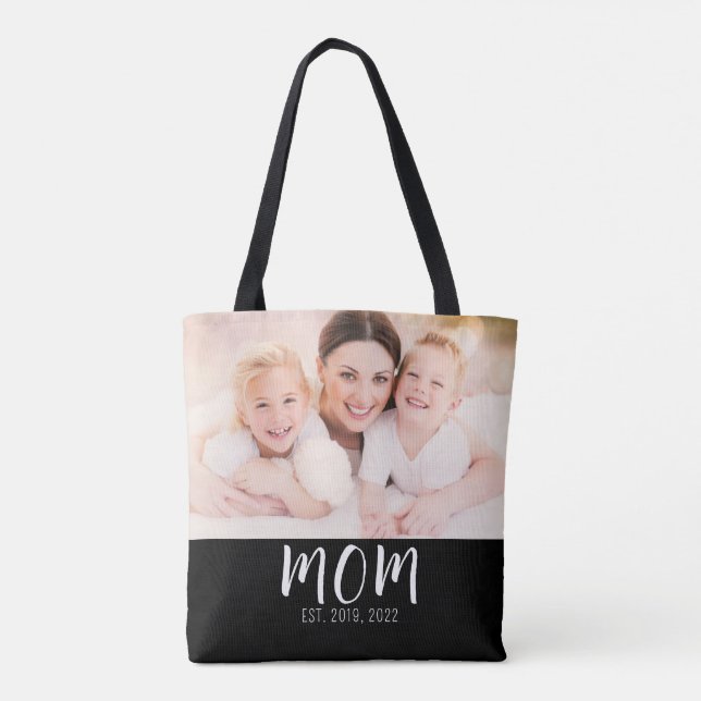 Mom Established Script Black Photo Tote Bag (Verso)