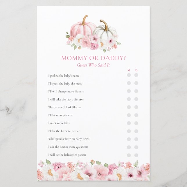 Mommy or Daddy Fall Girl Baby Shower Game (Frente)