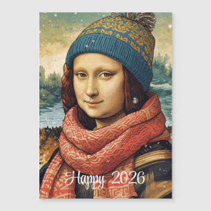 Mona Lisa com gorro - Feliz 2026 cartão magnético