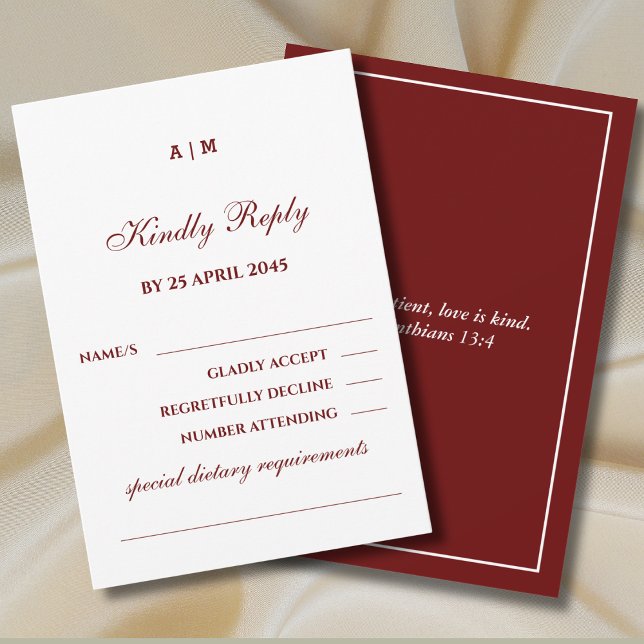 Monogram Burgundy Christian Wedding RSVP Card (Criador carregado)