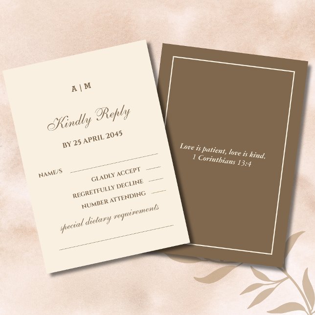 Monogram Cream Brown Christian Wedding RSVP Card  (Criador carregado)