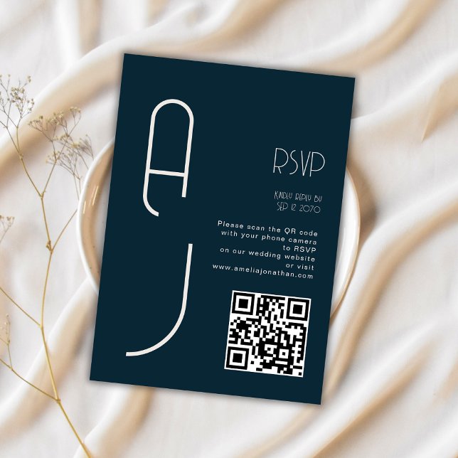 Monogram Minimal Wedding Qr Code Navy RSVP  (Criador carregado)