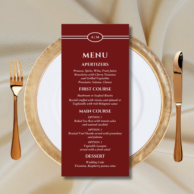 Monogram Modern Burgundy Christian Wedding Menu (Criador carregado)