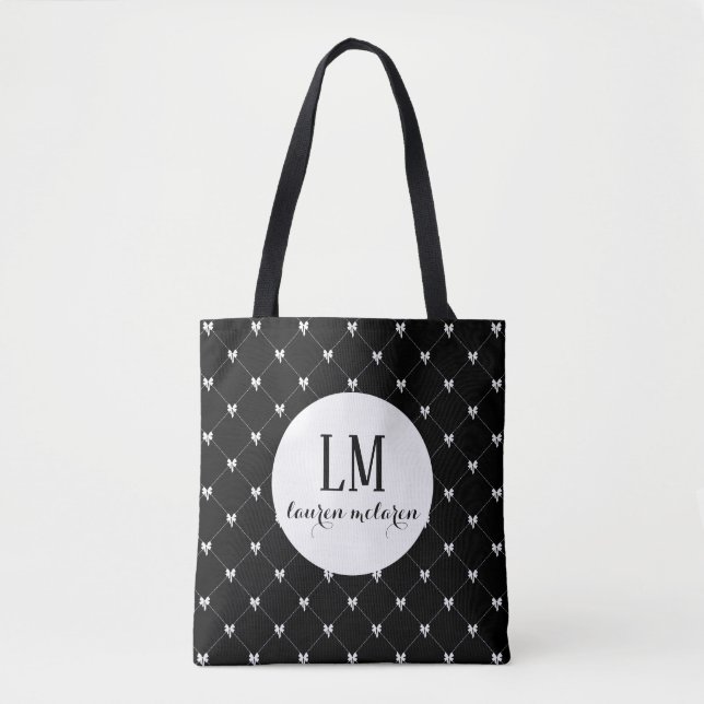 Monogram Script Bow Tote Bag – Black & White (Frente)